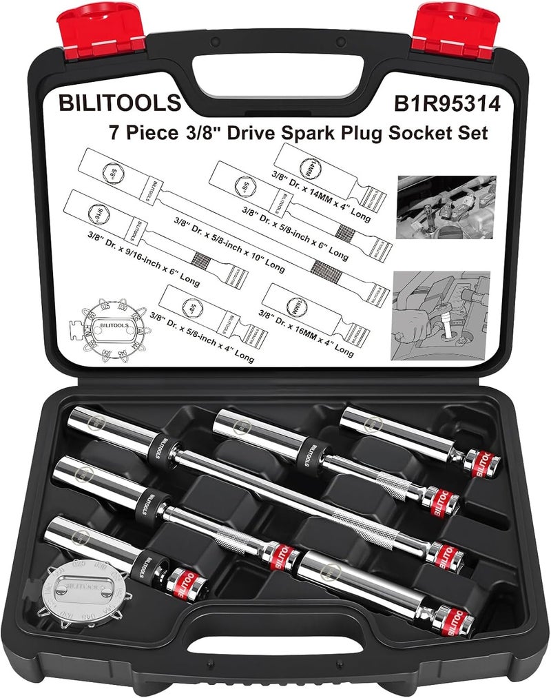BILITOOLS 7 Piece Magnetic Swivel Spark Plug Socket Set with Gap Tool, 3/8-Inch Drive, 9/16'', 5/8'', 14mm, 16mm, 6 & 12 Point, CR-V - Image 1